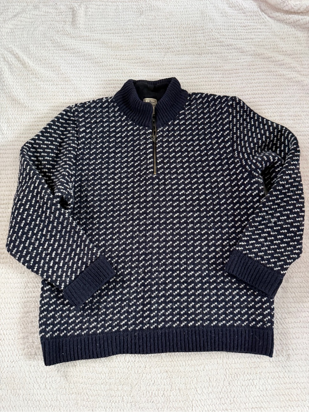 L.L. Bean Navy and White Zip-Front Patterned Wool Sweater